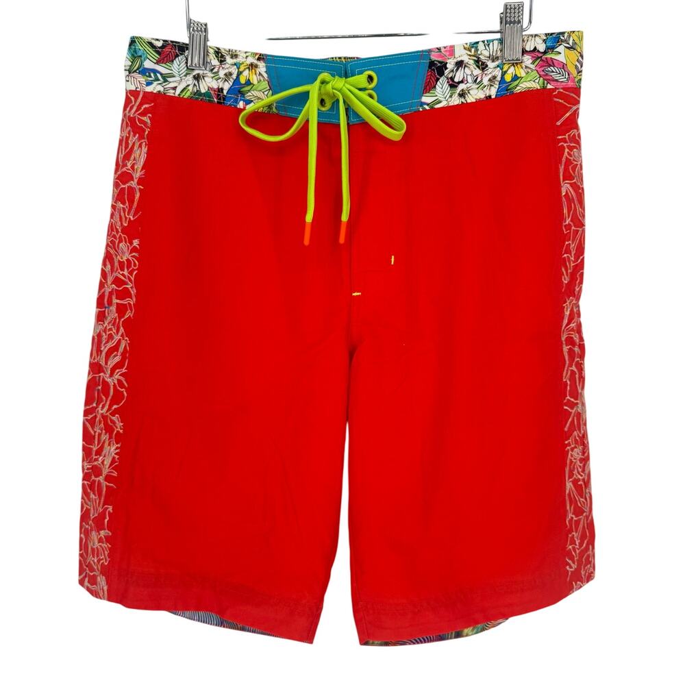 Robert Graham Men's Swim Shorts MACPHERSON Solid Red with Rainbow Floral  32